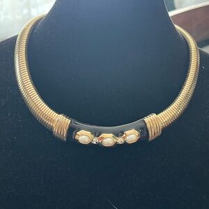 Vintage 1980s Gold Tone & Black Enamel Statement Choker